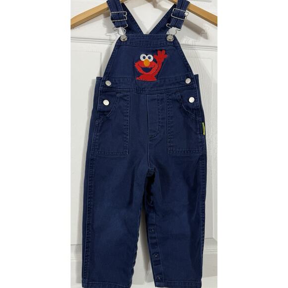 VTG Elmo Waving Seseme Street NAVY BLUE Denim Bib Overalls Kids Toddler 3T - Picture 1 of 3